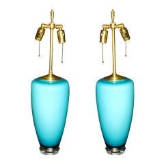 Pair Opaque blue  light turquoise  glass vessels table lamps.