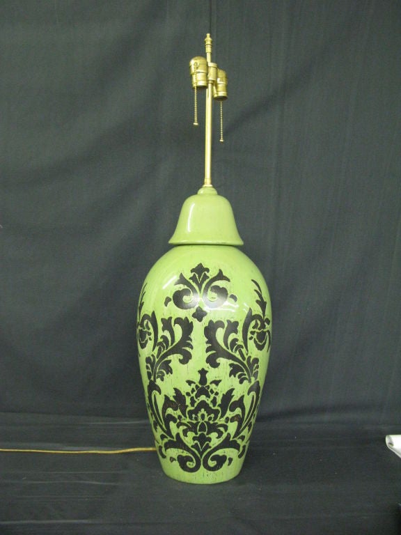 Pair of  Pale pistachio/brushed charcoal lidded vessels with lamp application, wonderful over sized damask charcoal pastern