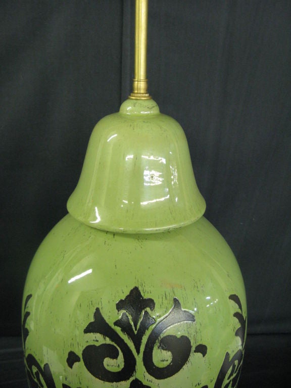 Pair of  Pale pistacho  lidded vessels with lamp application. For Sale 1