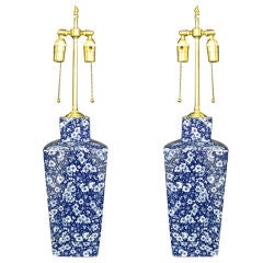 Pair of blue and white ceramic table lamps.