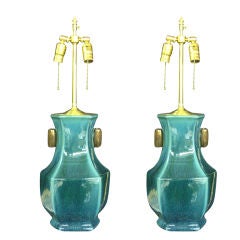 Pair of fabulous  Glazed blue green Vases with lamp application.