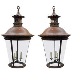 Pair Of Monumental English Regency Copper Lanterns With 3 - Light Clusters