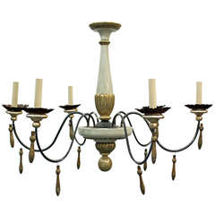 Stylish Neoclassical Provincial Paint & Gilded Wood And Metal 6 Light Chandelier