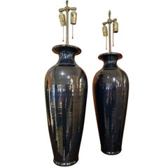 Large Pair of Hematite Vases with Lamp Application