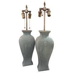 Pair Of 30" Pale Blue Crackle Vases With Lamp Application
