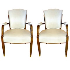pair of 1940's Walnut/leather "lip" back arm chairs