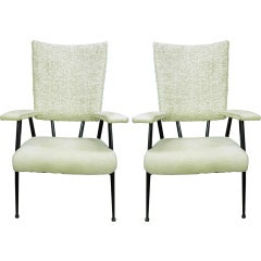 chic pair of  French Mid-Century arm chairs with metal frames