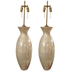 Pair of Large Pale Pink Crackle Finish Lamps