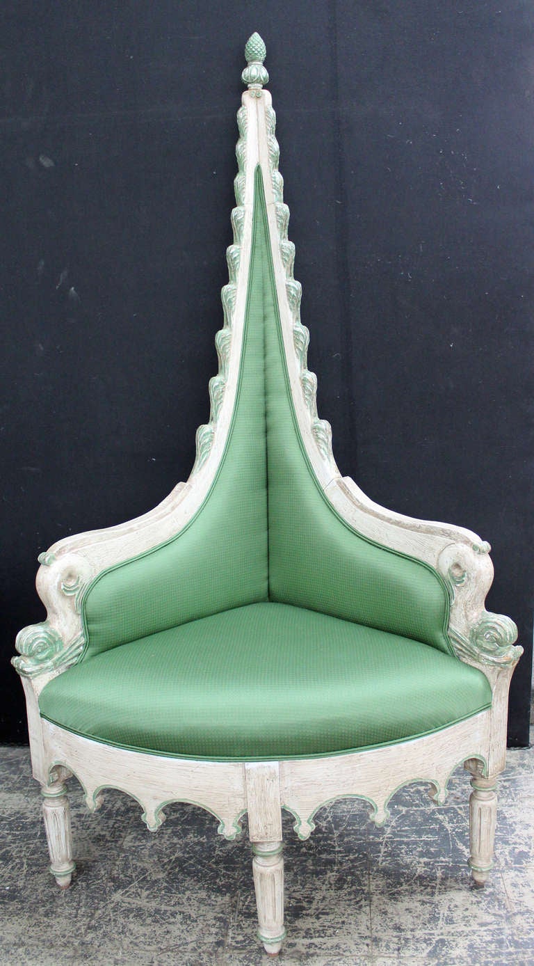 Whimsical and beautifully detailed corner seat from the estate of David Barrett. Washed in a delicate Umber over Ivory with mint green applications. Upholstered in an emerald green check.
