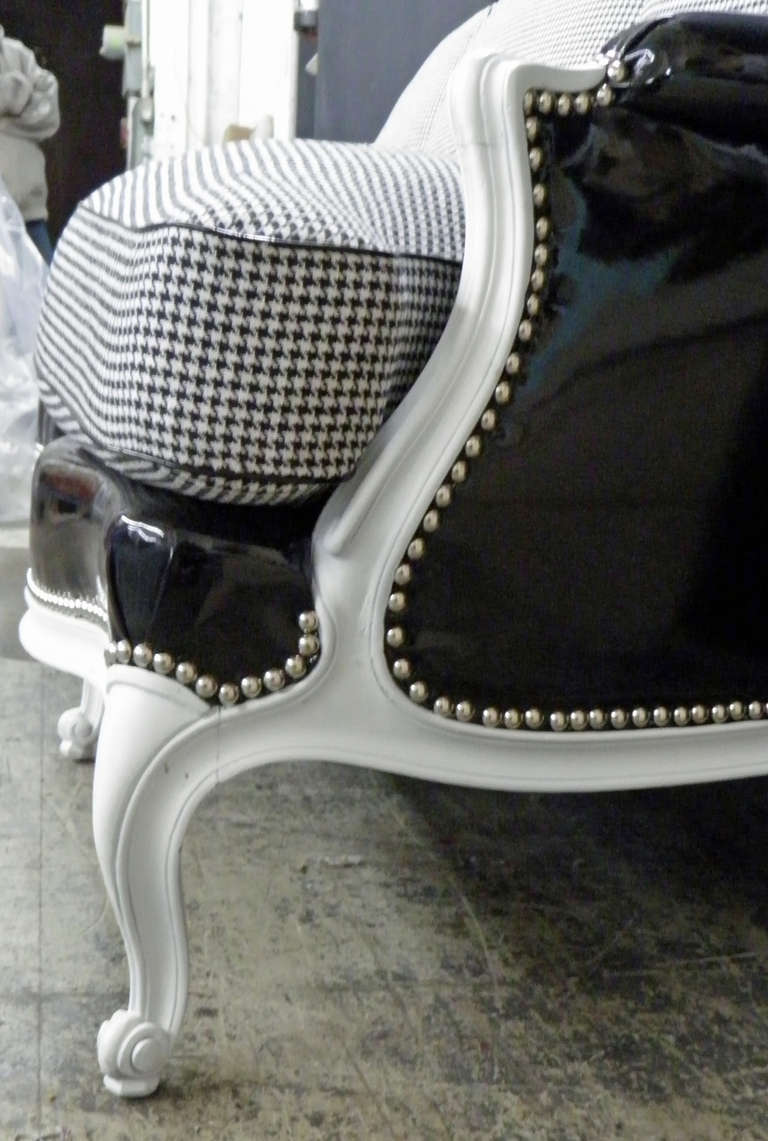 Mid-20th Century Louis XV Sofa Fully Restored in Black and White with Polished Nickel Nailheads For Sale