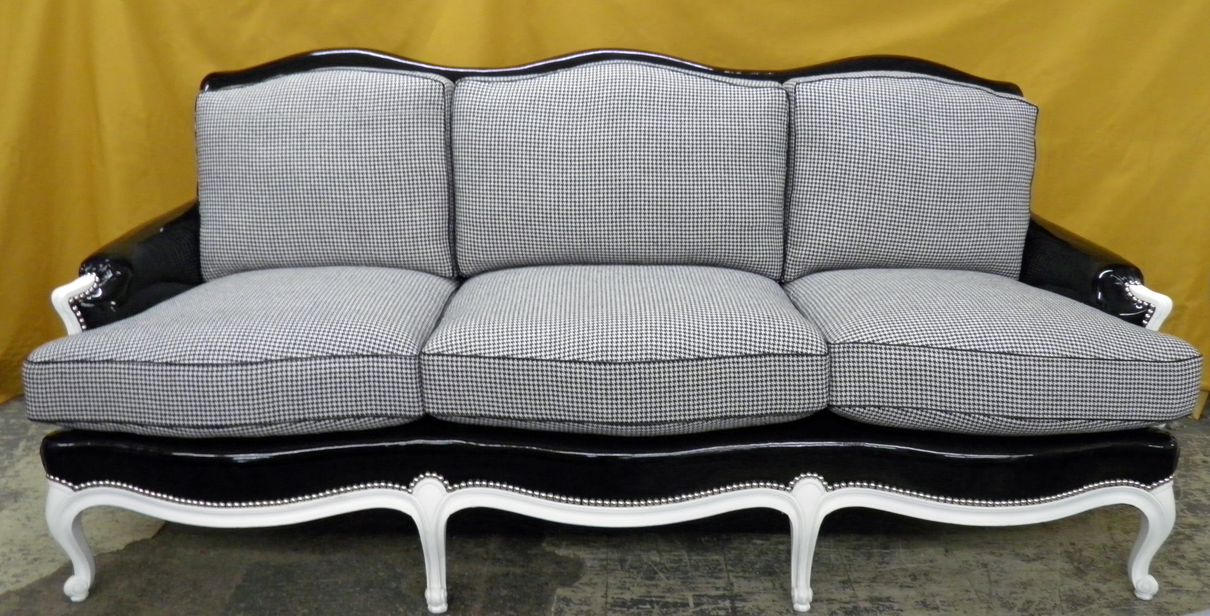 Louis XV Sofa Fully Restored in Black and White with Polished Nickel Nailheads For Sale