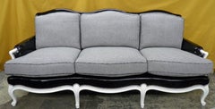 Louis XV Sofa Fully Restored in Black and White with Polished Nickel Nailheads