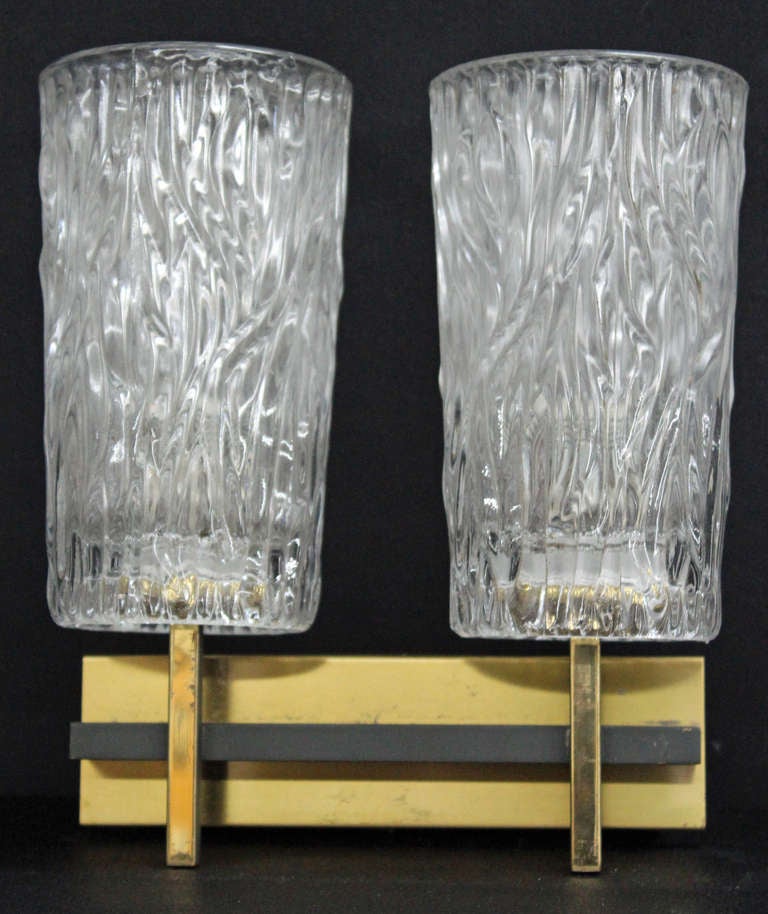 French Pair of Vintage Textured Glass Twin Lamp Sconces