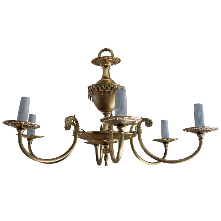 pair of French Brass plated 6 candle chandeliers