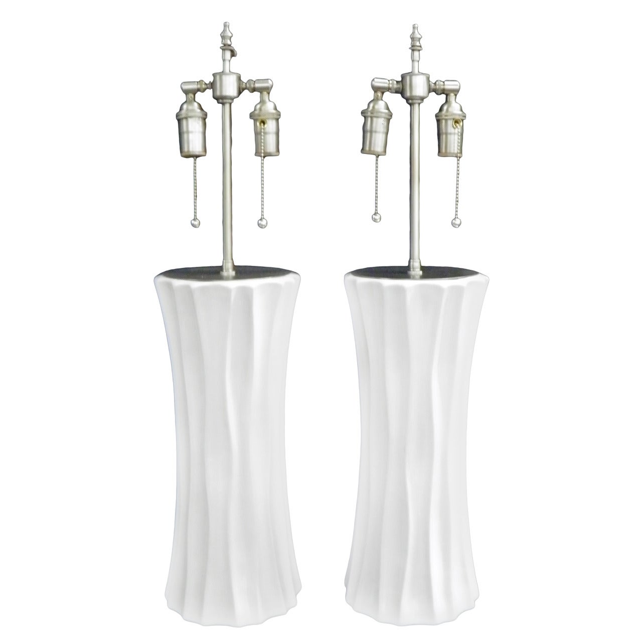 Pair of hand formed fluted column vases with lamp application For Sale