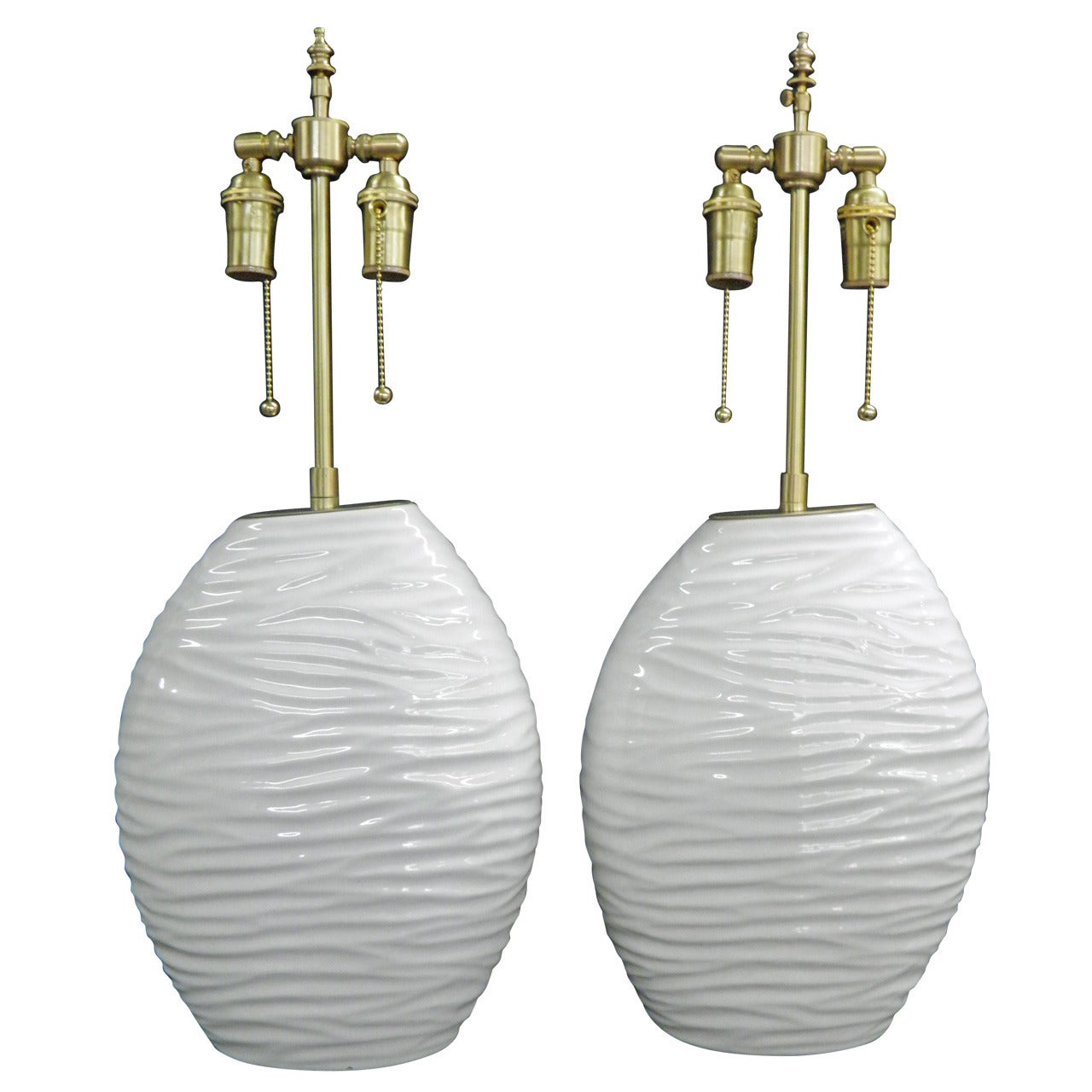 Pair of "Ripple" Textured Ceramic Vessels with Lamp Application