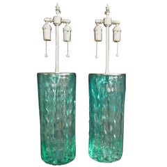 Pair of Unusual Textured "Coke" Green Glass Vases with Lamp Application