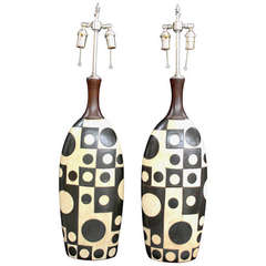 Pair of Large, Midcentury, Hand-Painted Monochrome Vessels with Lamp Application