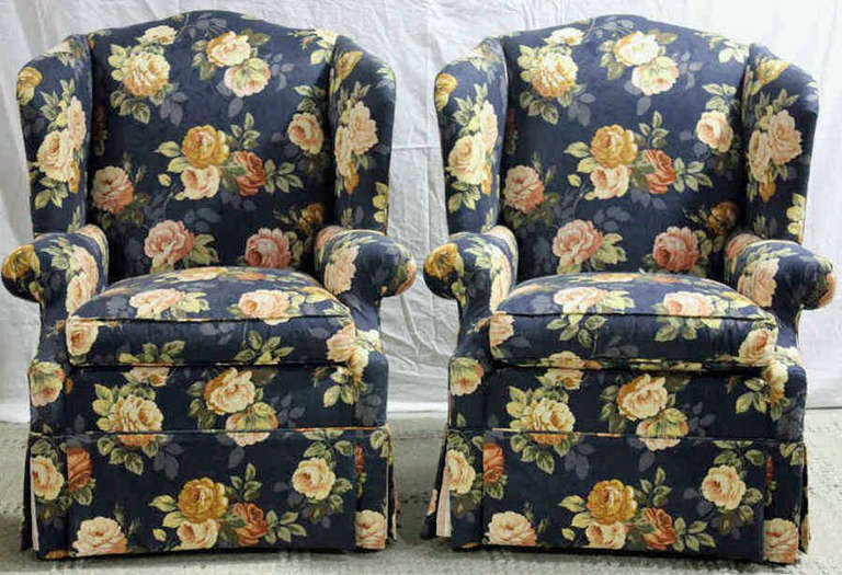 Pair of very comfortable custom contemporary Club chairs upholstered in a bold, colorful Floral pattern