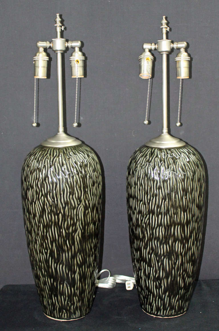 Large and Unusual Black and White Textured Ceramic Vases with Lamp Application