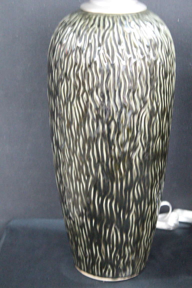 Spanish Large and Unusual Black and White Textured Ceramic Vases with Lamp Application