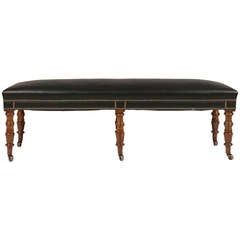 Good 19th Century English Leather Bench with Six Turned Legs