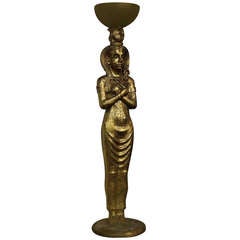Grande statue de prêtresse égyptienne dorée et torchère