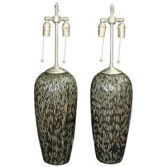 Large and Unusual Black and White Textured Ceramic Vases with Lamp Application