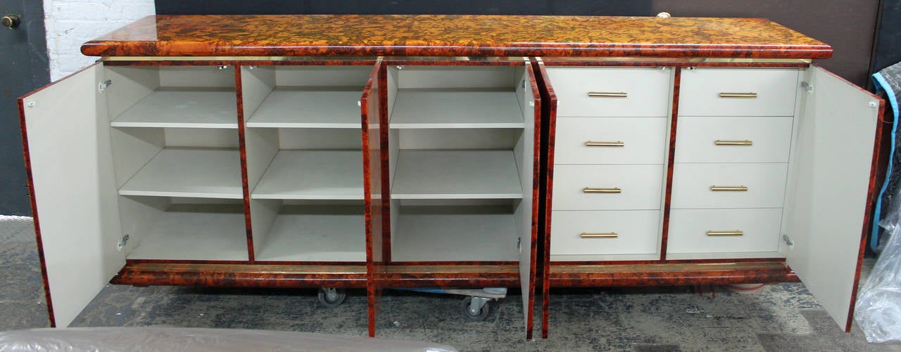 Large and unique glazed cork console bearing eight drawers and nine shelves behind touch-latch doors. The console is embellished with inset brass banding flanking the bull-nosed base and top. The interior drawer faces and removable shelves of in a