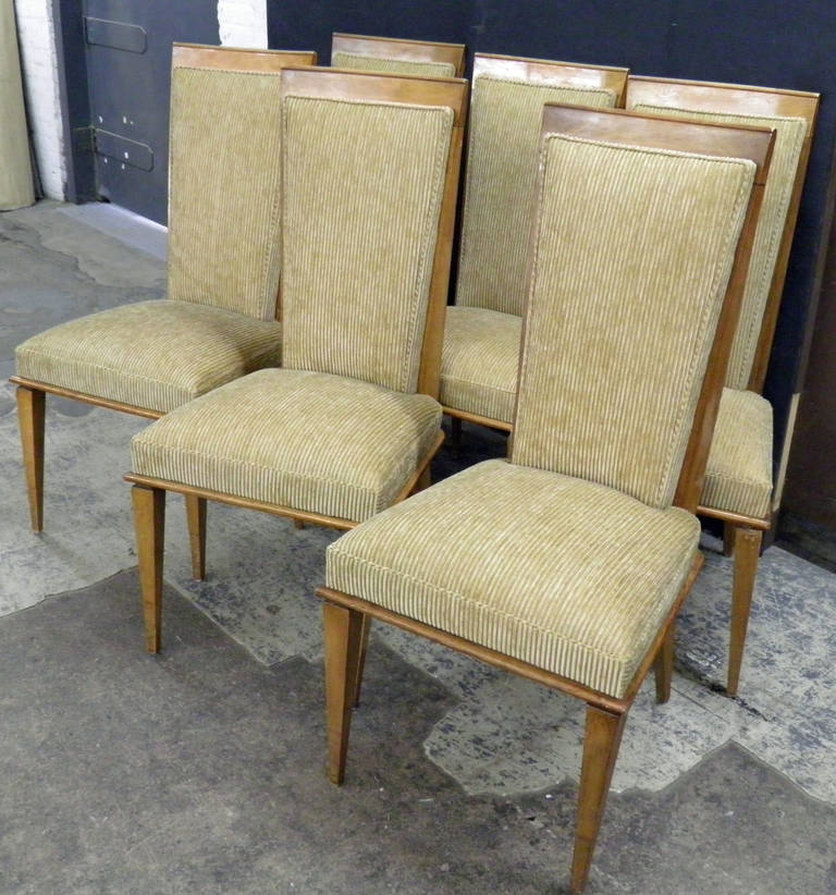 chic and fully reupholstered vintage dining chairs in a rich golden/bronze corduroy fabric.  The finish was in good condition so it was cleaned and waxed.  Seat depth is 17