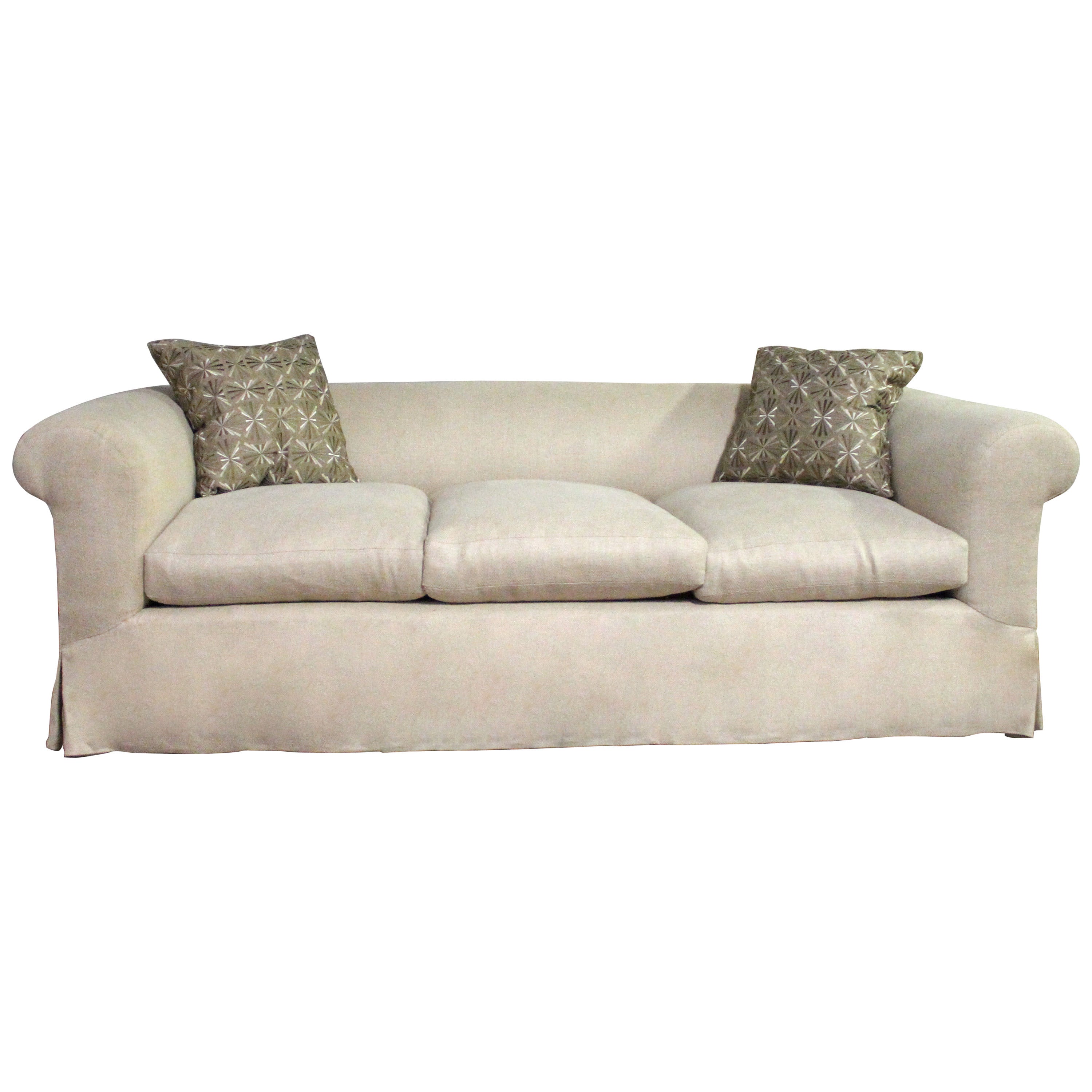 long, elegant and very comfortable rolled arm sofa in Oatmeal linen