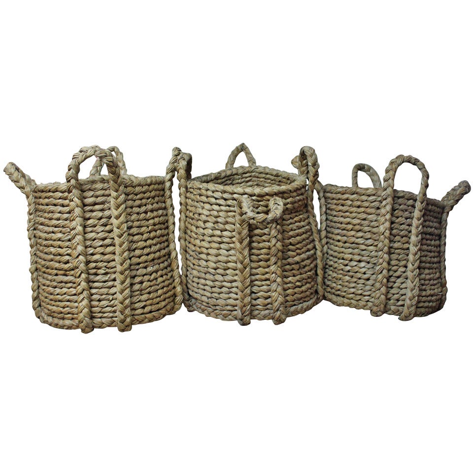 Three Hand Woven Vintage Rush Log Baskets by Waveney