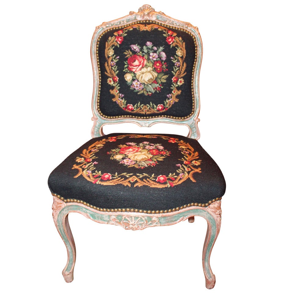Beautiful French side chair in a Floral motif needlepoint upholstery at