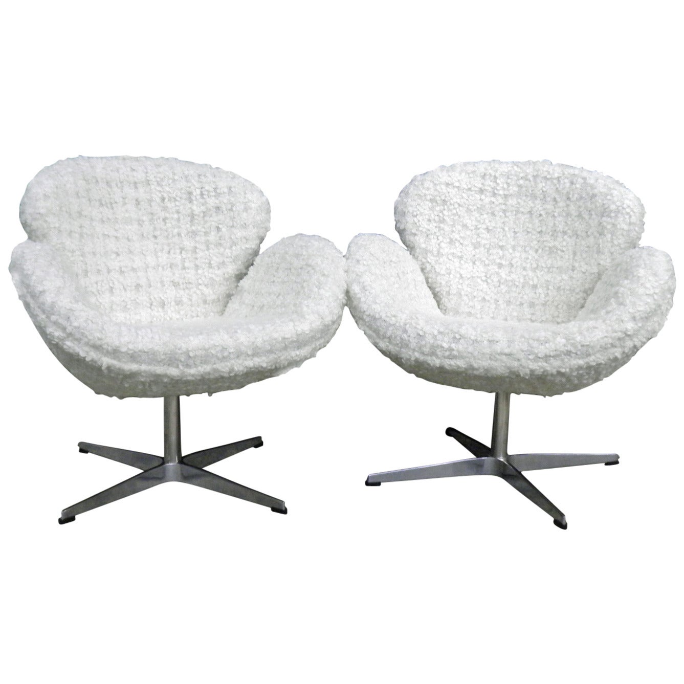 Pair of Chic Arne Jacobsen Style "Swan" Chairs in a White "Nubby" Boucle Fabric