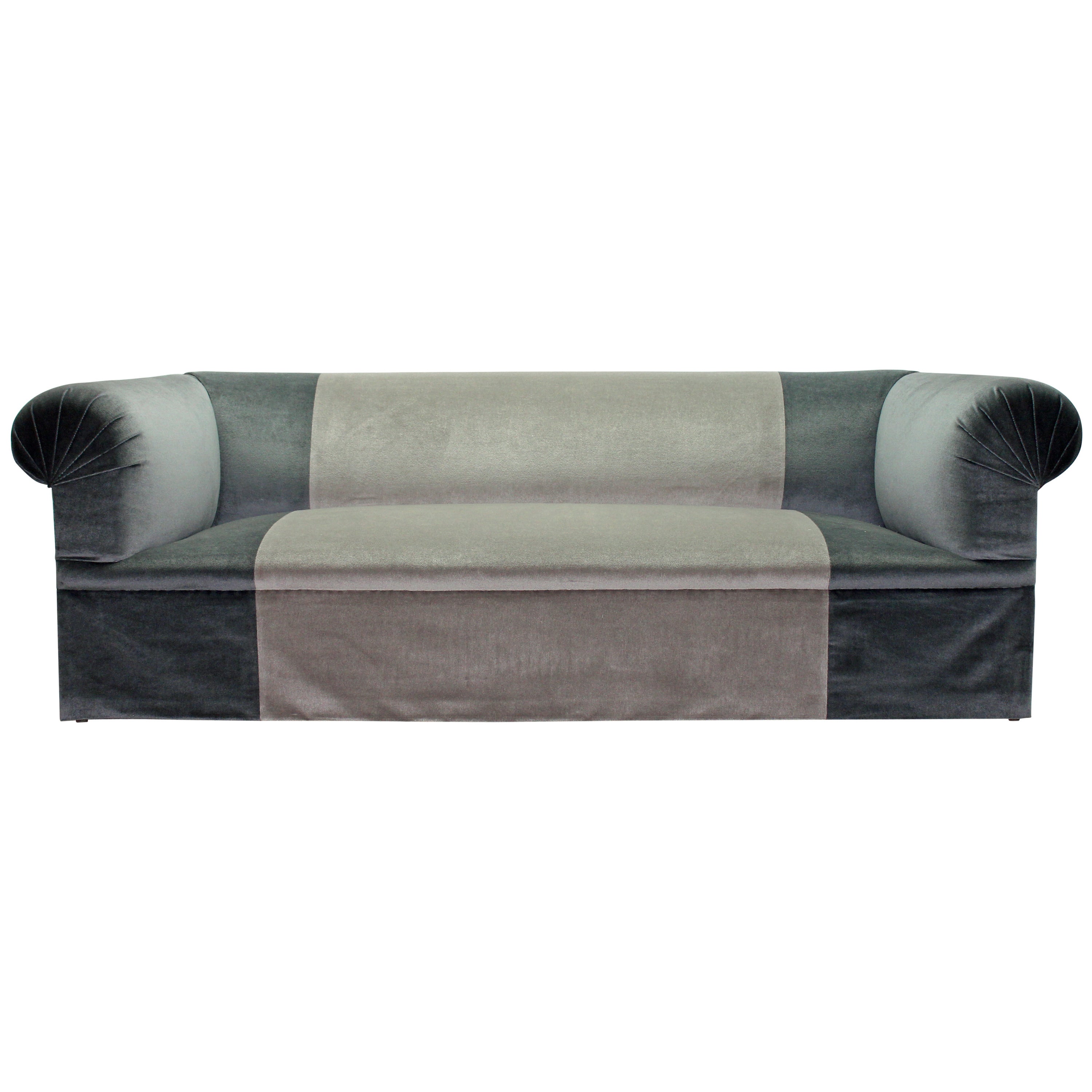 Langes, tiefes und sehr bequemes Luxe-Sofa aus blauem Seidenmohair in zweifarbigem Muster im Angebot