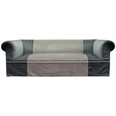 Long Deep and Very Comfortable Luxe Sofa in Two-Tone Blue Silk Mohair