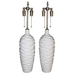 Chic Pair of "Wave" Glazed Ceramic Vases with Lamp Application 2