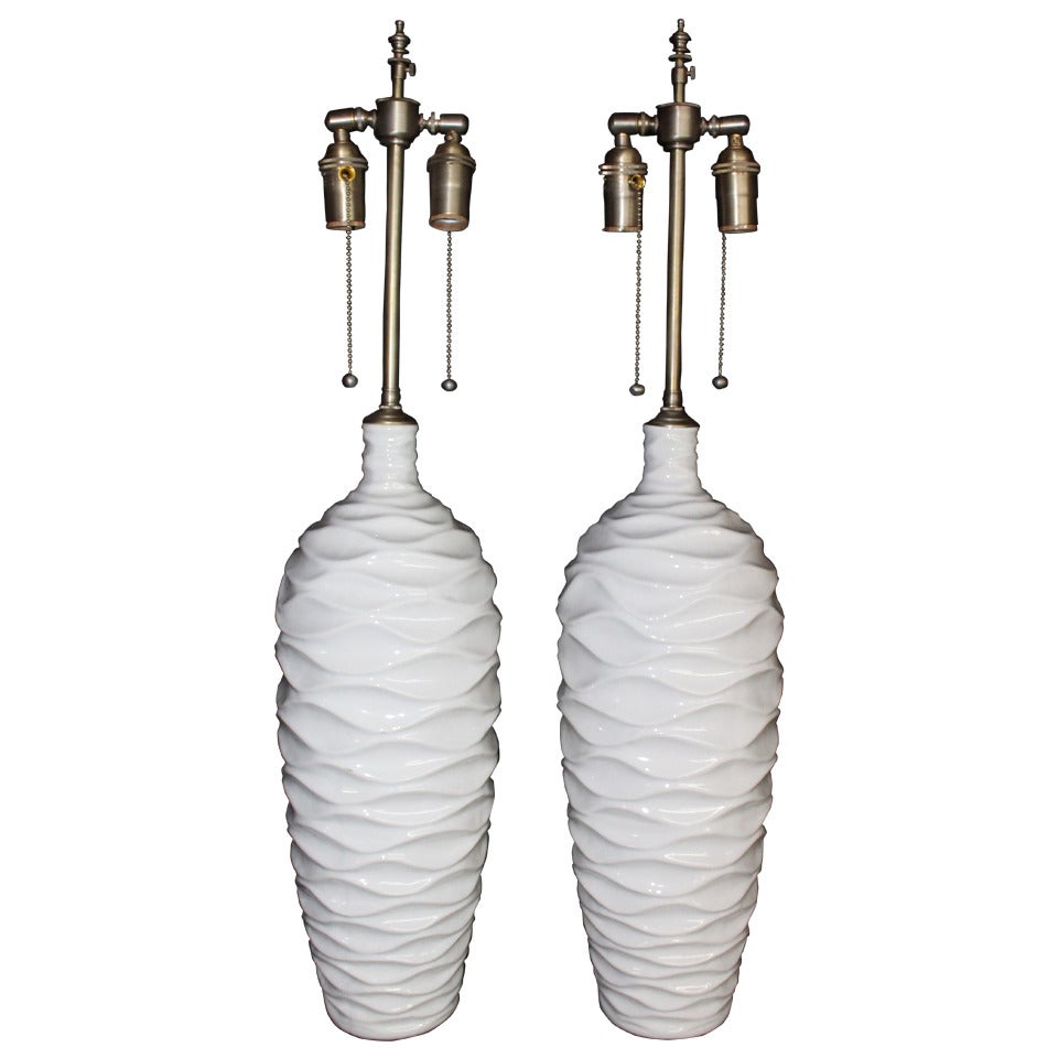 Chic Pair of "Wave" Glazed Ceramic Vases with Lamp Application For Sale