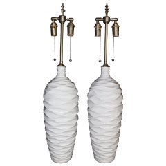 Chic Pair of "Wave" Glazed Ceramic Vases with Lamp Application