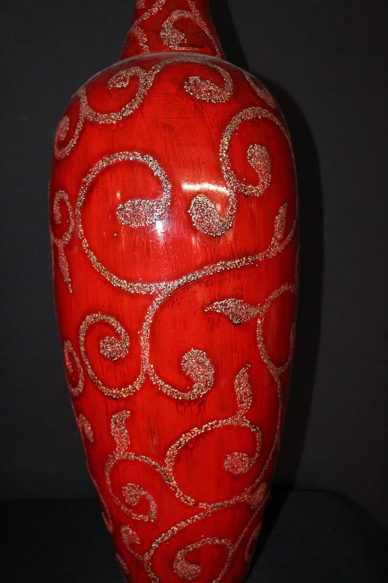 Français Grands vases émaillés orange sang-de-bœuf avec application de lampe en vente