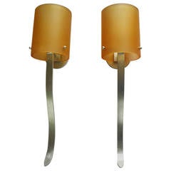 Pair of Unusual Amber Resin Matte Sconces on Silver Leafed Bands