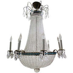 Large and Elegant Crystal 8 Lamp Empire Chandelier with Aquamarine Accents