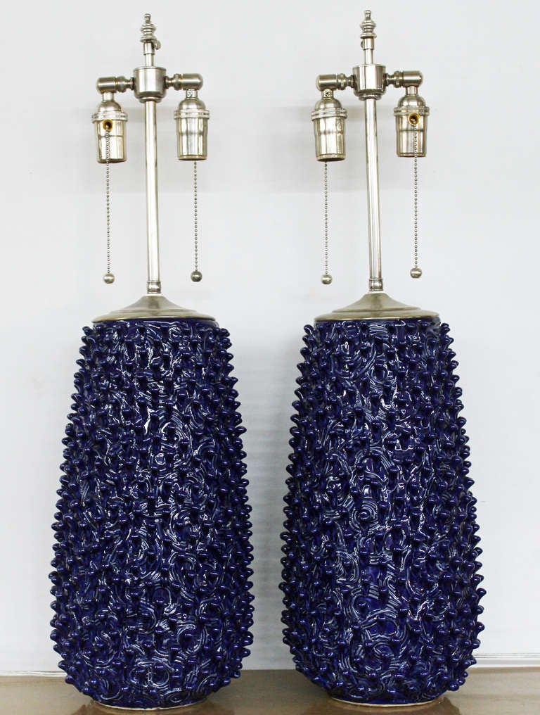 Pair of Cobalt Blue Highly Textured Vases with Lamp Application