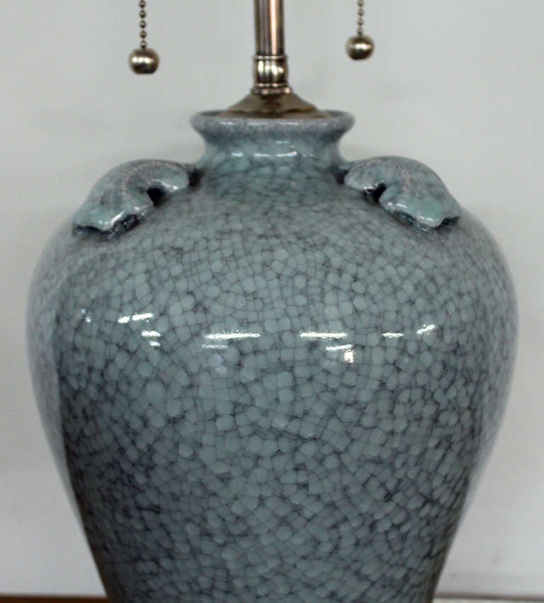 French Pair of Pale Blue Crackle Finish Vases with Lamp Application