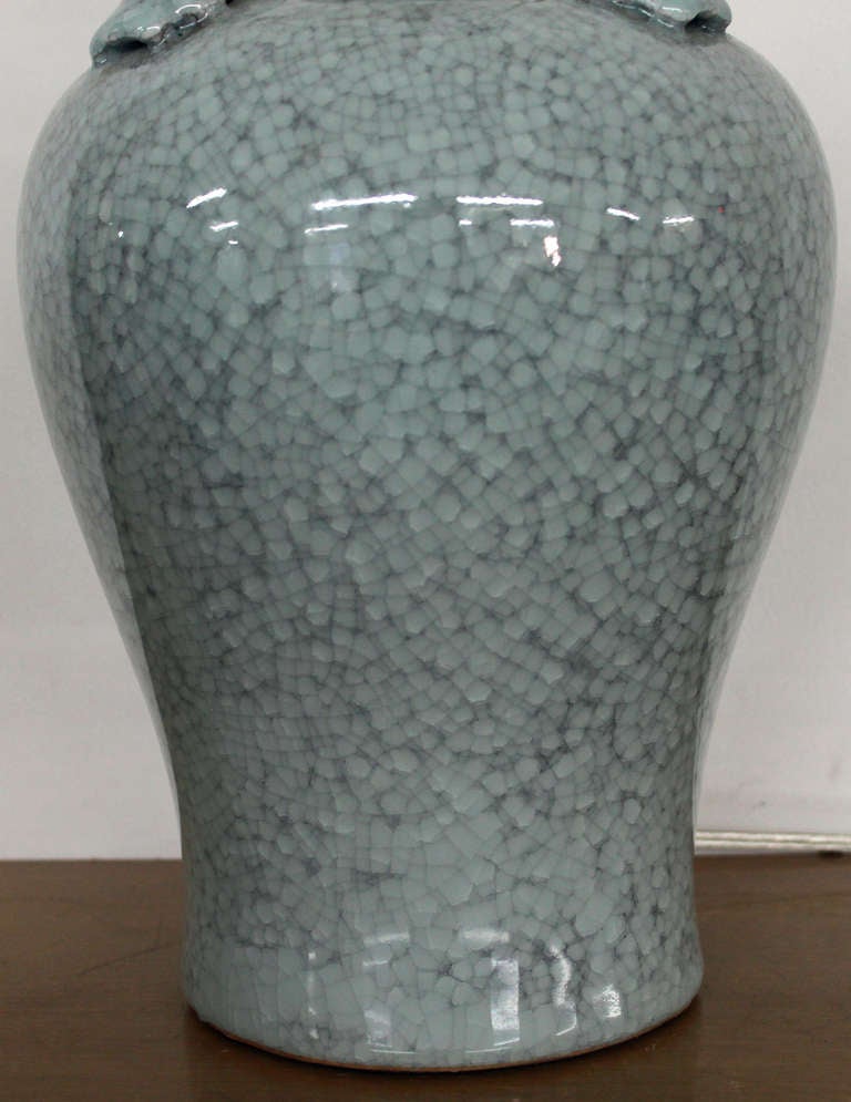Late 20th Century Pair of Pale Blue Crackle Finish Vases with Lamp Application