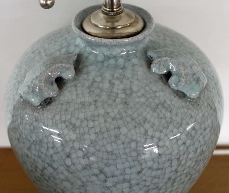 Pair of Pale Blue Crackle Finish Vases with Lamp Application In Excellent Condition In Bronx, NY
