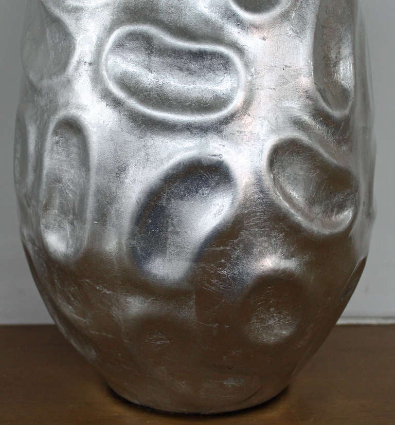 Pair of Large Silver Leafed Vases with Lamp Application In Excellent Condition For Sale In Bronx, NY