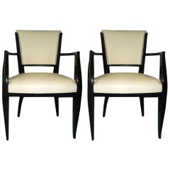Pair of Black Lacquered Fauteuils in White Leather