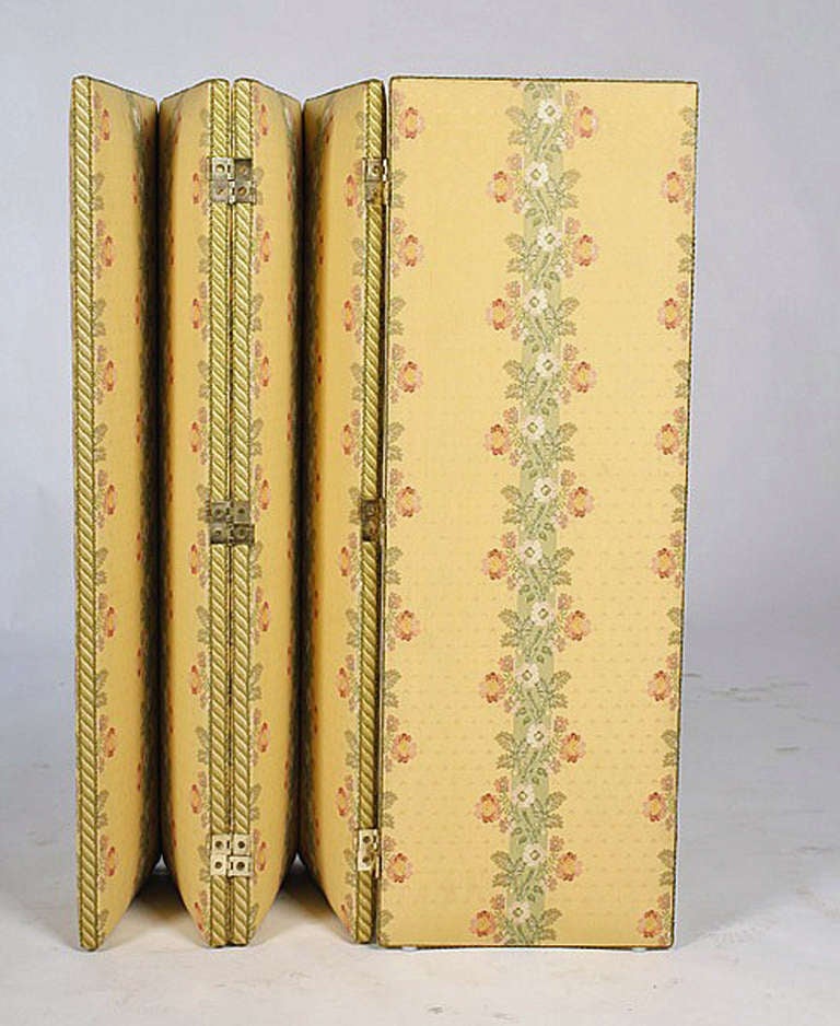 Late 20th Century Petite 5 Panel Folding Screen in a Rich Brocade Edged with Braided Silk Tape