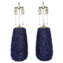 Vintage Pair of Cobalt Blue Highly Textured Vases with Lamp Application